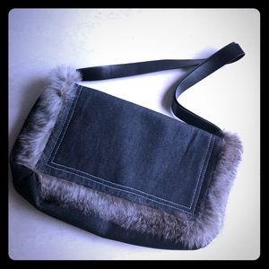 PAOLA FRANI blue fur jean purse leather straps New